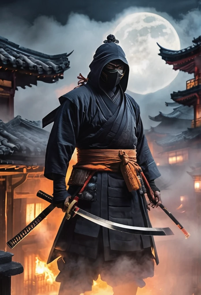 A Japanese ancient ninja ronin with magnificent mask in portrait, he is in a rooftop at night waiting to strike his enemies, intense stare, ominus looking, the atmosphere is heavy and tense. It's very detailed and in the atmosphere of the old quarter of the time, background with fire and smoke and fog, BEST quality, masterpiece,extreme intrincate detail and textures, dark clouds , fullmoon,