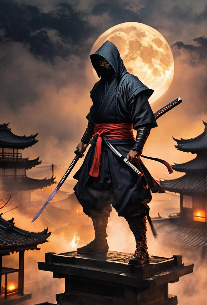 A Japanese ancient ninja ronin with magnificent mask in portrait, he is in a rooftop at night waiting to strike his enemies, intense stare, ominus looking, the atmosphere is heavy and tense. It's very detailed and in the atmosphere of the old quarter of the time, background with fire and smoke and fog, BEST quality, masterpiece,extreme intrincate detail and textures, dark clouds , fullmoon,