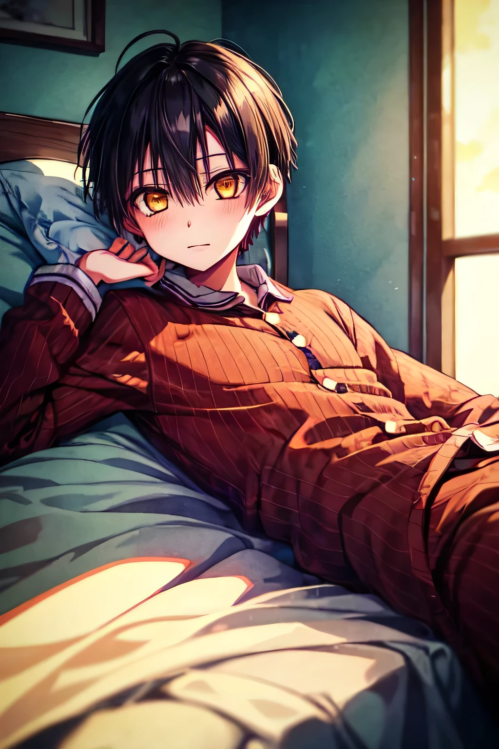 boy, solo, male focus, looking at viewer, in bedroom, lying down bed on his back, in pajamas, hanako-kun, black hair, yellow eyes, blushing, hand in hair,