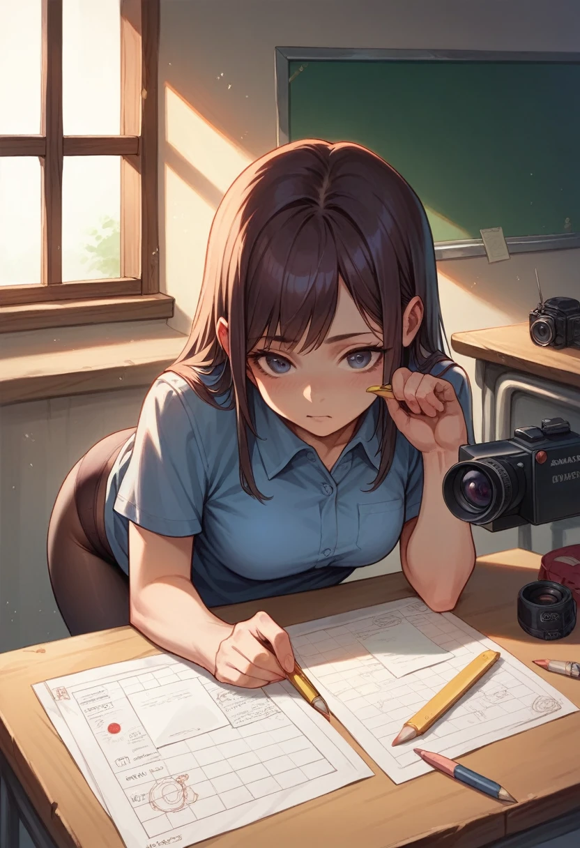 ((best quality)), ((masterpiece)), (detailed), 1girl, bended over, picking up a pencil, wearing a school shirt, leggings, camera angle from the back, visible panties, backside pov, visible ass