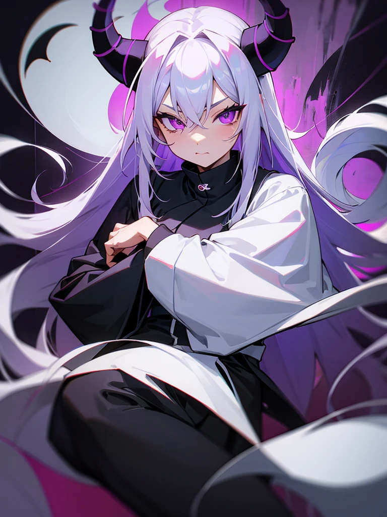 Yin Yang Black ninja outfit Long silver hair Demon horns Purple eyes