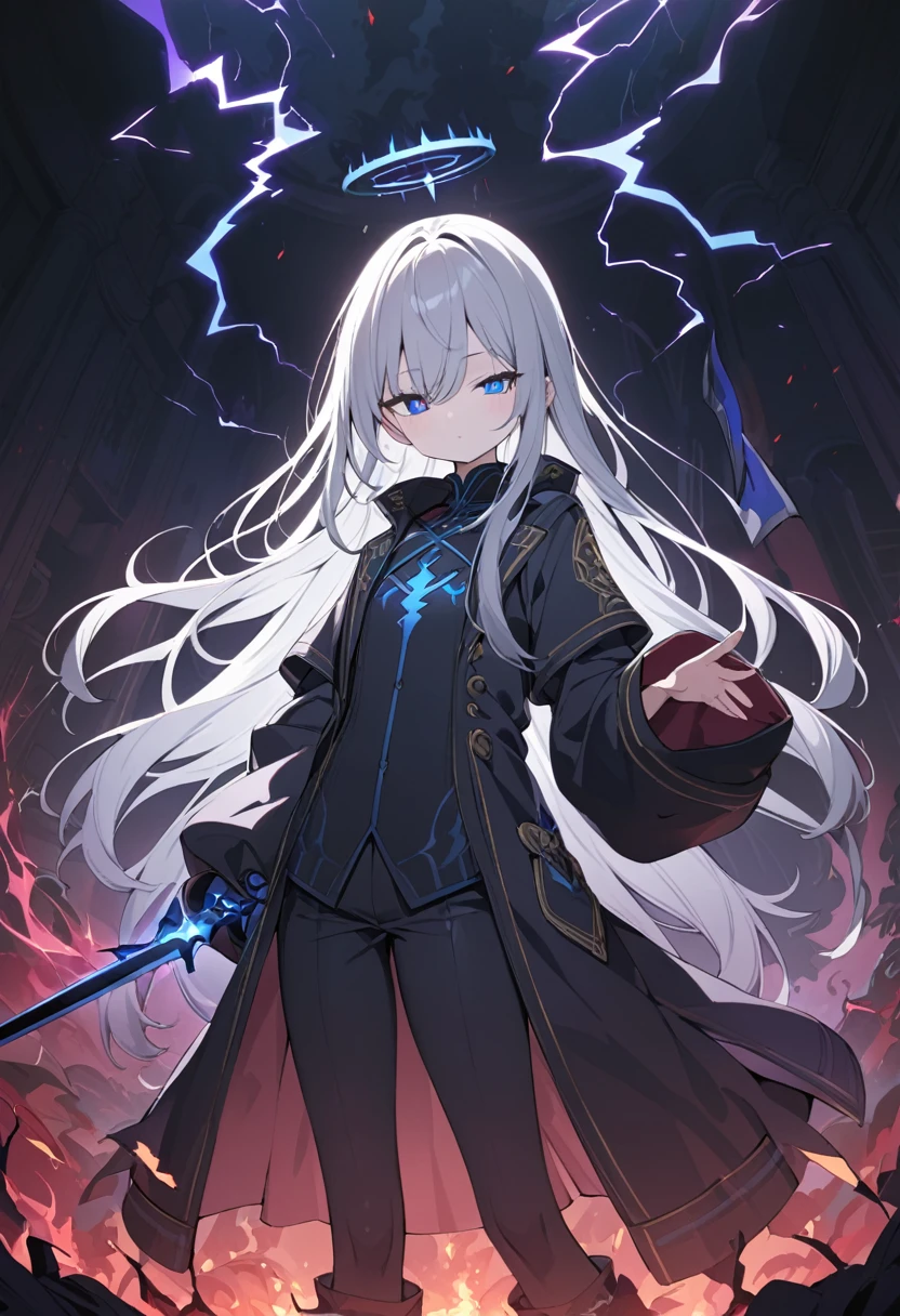 elementary, Shadow Surrounding Girl, lightning, Green Aura, Red aura, Purple aura, Flames surrounding the girl, masterpiece, Dark Theme, Highest quality, Maximum details, Very fine eye, Professional coloring, cinematic lightning, Remaining, Written boundary depth, Backlight, One Girl, Young girl, Silver Hair, Long Hair, Black glowing halo, Shining blue sea, Blue Flame, Fantasy style costumes, Black long coat, shirt, Black trousers, Wielding a thin black long sword in one hand, Expressionless, Purple left eye and blue right eye, Odd Eye