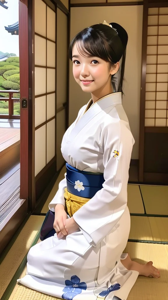 (One girl), masterpiece, Highest quality, Ultra-Realistic Capture, Very detailed, High resolution 16k, pretty girl, Natural white skin, (((large breasts with natural sagging:0.6, Height: 145cm, Round face, Black Hair, ponytail, Dark brown eyes, Thin lips, Thin eyebrows))), Kyoto,Long-established luxury inn, Traditional Japanese room, Wear a traditional kimono from Japan, The kimono is mainly white.、Small blue flowers like morning glory are scattered all over the place.., The obi is made of natural silk and is white., A gentle smile, The windows leading to the corridor overlook the Japanese garden..