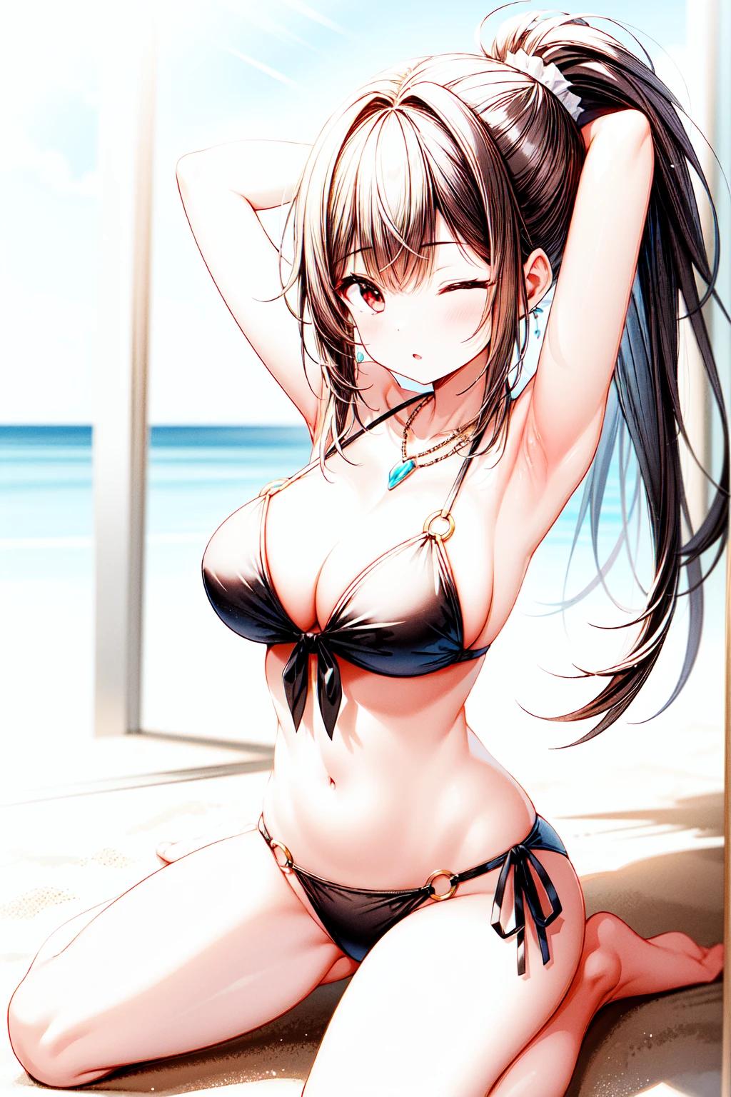 1girl,masterclass,best quality, illustration, solo, large breasts, black hair, red eyes, ;o, one eyes closed,bare_shoulders,beach,blue_sky,blush,breasts,breasts_apart,cloud,front-tie_bikini_top,front-tie_top,full_body,long_hair,ponytail,looking_to_the_side,navel,necklace,o-ring,o-ring_bikini,ocean,on_ground,outdoors,seiza,sitting,spread legs,sky,stomach,sunlight,swimsuit,arm up, arm behind head, armpits
