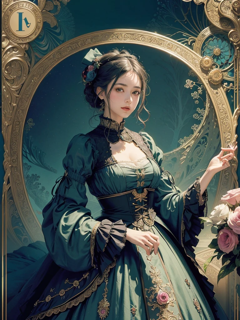 (masterpiece、quality、quality、detailed and complex、official art、aesthetically pleasing:1.3)、(1 woman:1.3)、(fractal art:1.3)、very colorful、vivid、victorian era clothing,ロイヤルブルー