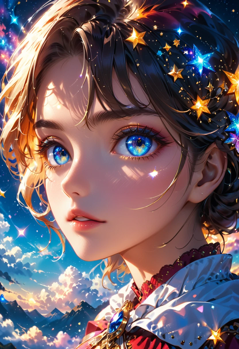 ((a extreme close up: 1.5)) facial picture of an astrologist who divine the future from the stars, an extraordinary beautiful woman, divining the future from the stars, there is magic in her eyes, the (( stars in her eyes: 1.5)), dynamic hair color, dynamic hair style, she sits near a table, dynamic clothing, dynamic background, vibrant, Ultra-high resolution, High Contrast, (masterpiece:1.5), highest quality, Best aesthetics), best details, best quality, highres, 16k, [ultra detailed], masterpiece, best quality, (extremely detailed), Intense gaze, magical sky