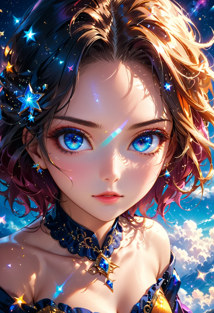 ((a extreme close up: 1.5)) facial picture of an astrologist who divine the future from the stars, an extraordinary beautiful woman, divining the future from the stars, there is magic in her eyes, the (( stars in her eyes: 1.5)), dynamic hair color, dynamic hair style, she sits near a table, dynamic clothing, dynamic background, vibrant, Ultra-high resolution, High Contrast, (masterpiece:1.5), highest quality, Best aesthetics), best details, best quality, highres, 16k, [ultra detailed], masterpiece, best quality, (extremely detailed), Intense gaze, magical sky