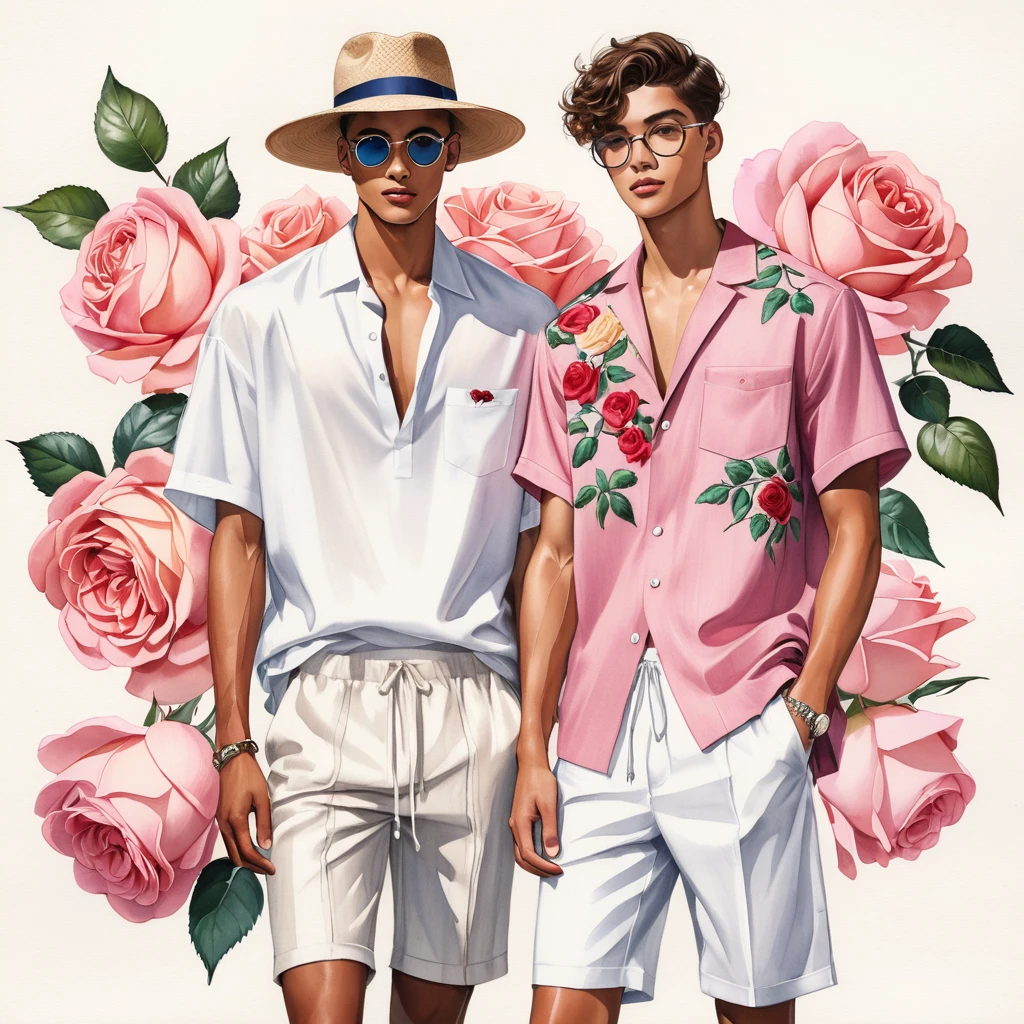candid fashion illustration of young Mixed race 2man, both aged 18-23 year old, ((showcase fashion look book in linen outfits)), the design inspired by Mid pink roses color by David Austin Rose, in elegant chic style. The man wears an oversized short-sleeved shirt with a minimal rose embroidery details, paired with relaxed-fit white Short with Drawstring, He completes his look with white sneakers and round glasses. The boyfriend complements him in a  skinny fitted speedo in a stripe pattern, semi bulge, He resemble includes an accessorizes with a brimmed straw hat and white sneakers, Captured in a low angle, ((full-body image)), ((roses motifs background)), fashion sketching, realistic drawing, ((imperfect water color drawing background)), fashion look book, fashion illustrator, fashion sketch design, gay, gay couple,
