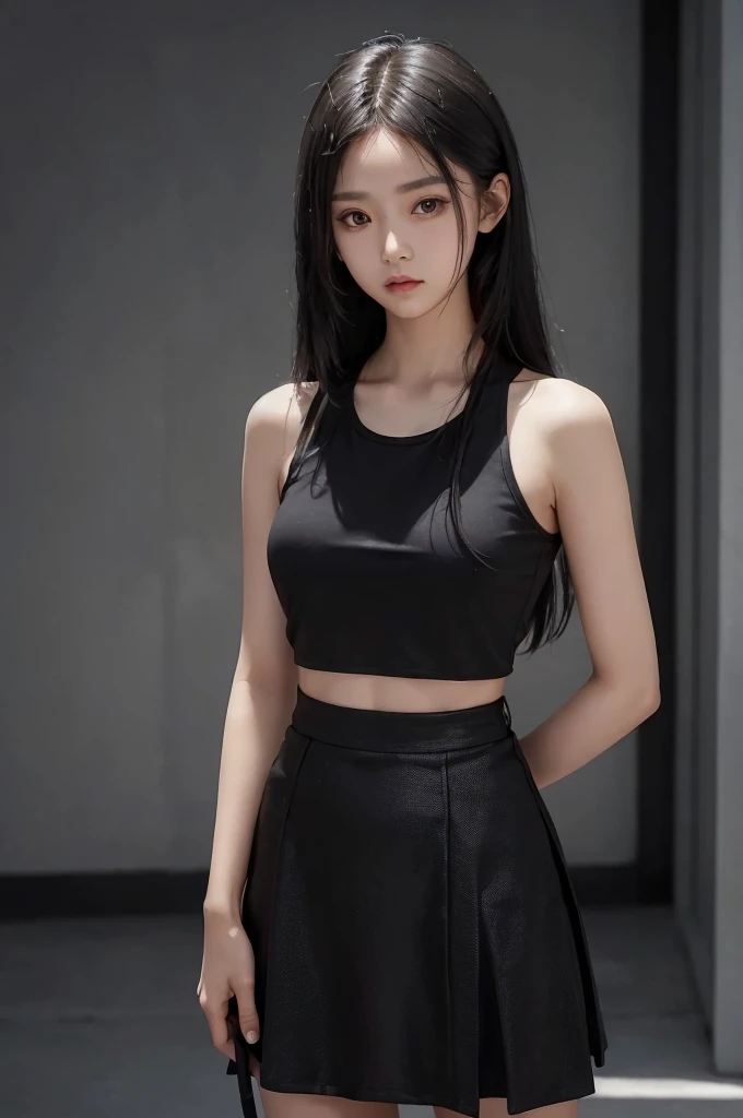 20 year old girl, black tank top, black skirt, long hair, high contrast (Natural skin texture, Hyperrealism, Soft Light, sharp), portrait, standing, kpop