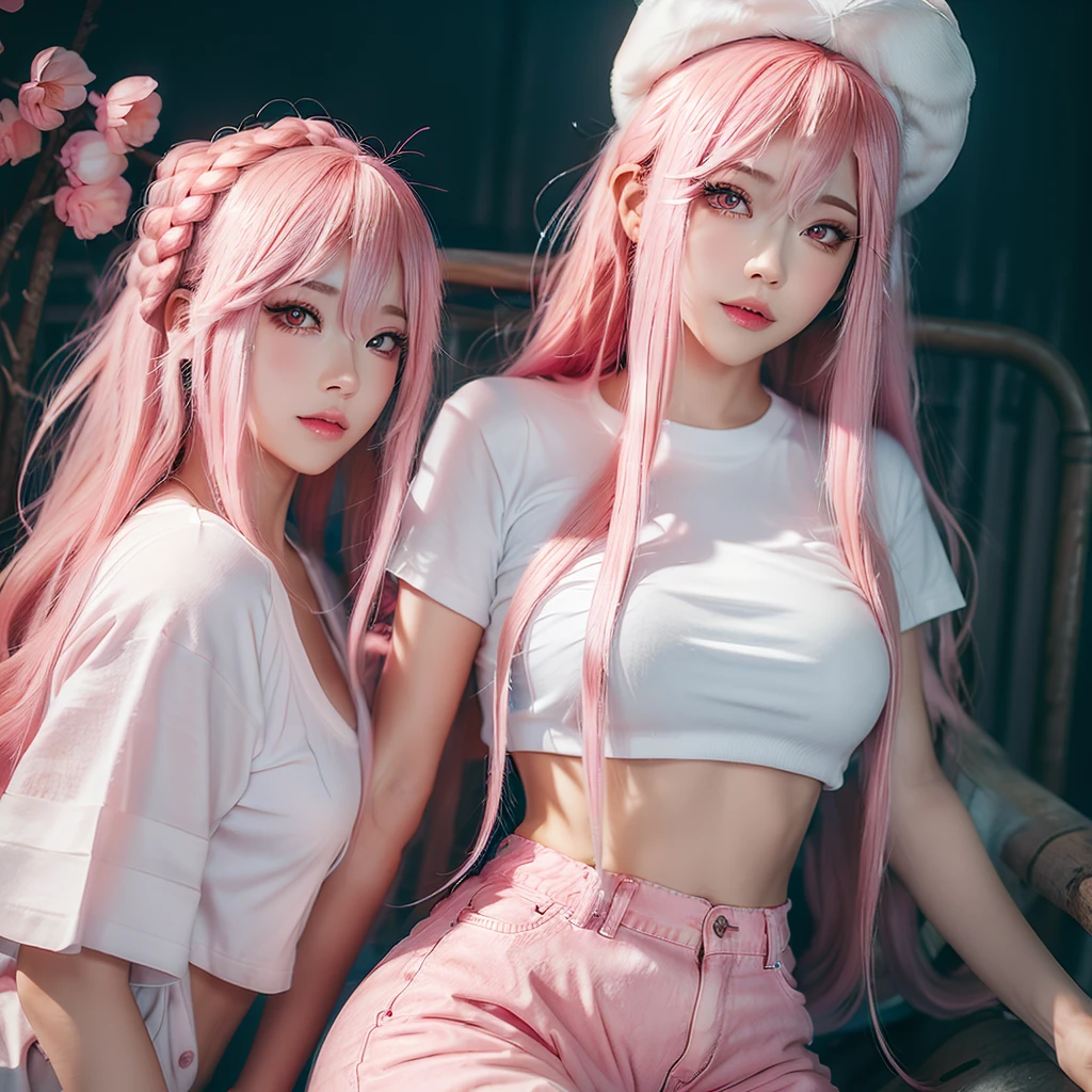 Young woman, pink eyes, long braided pink hair, pink, lots of pink, white cropped t-shirt, pink jeans, bubble gum, cotton candy, pink sky, pink moon, all is pink, beautifully lit, stunning environment, insanely detailed