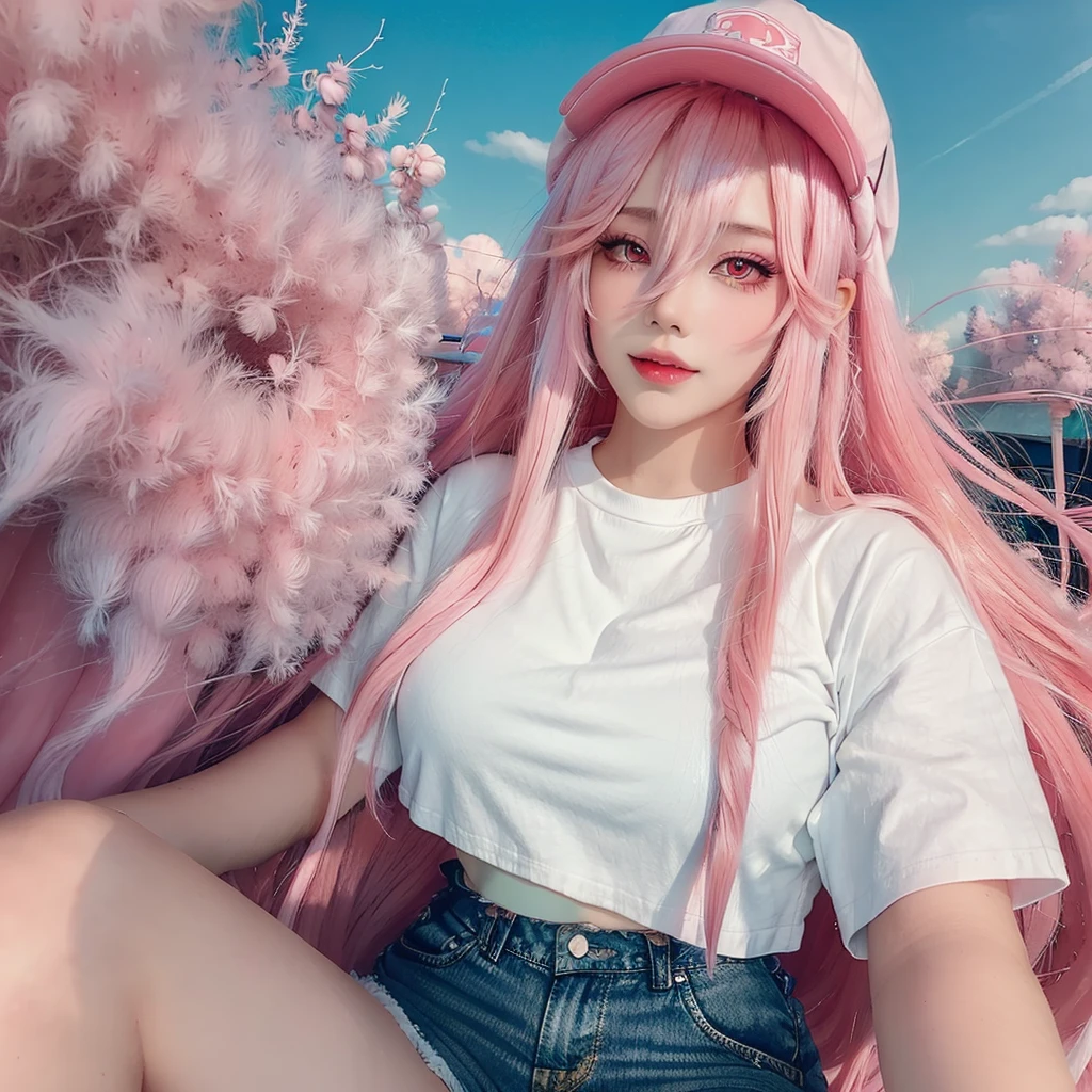Young woman, pink eyes, long braided pink hair, pink, lots of pink, white cropped t-shirt, pink jeans, bubble gum, cotton candy, pink sky, pink moon, all is pink, beautifully lit, stunning environment, insanely detailed