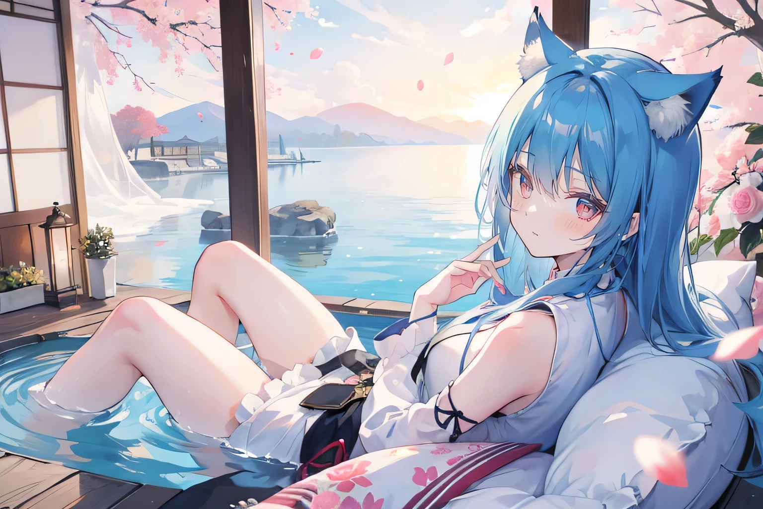(masterpiece:1.2),Super detailed,lifelike,Expressive eyes,fair skin,perfect face shape,1 girl,
Japanese comics,Gorgeous blue hair,flowing blue hair,flowing clothes,Cat ears,Petals fall,beautiful lola,Baby Angel,
Shaking head with one hand,Cross your legs,,The pavilion is cool and comfortable,smile,back views,sunrise,Petals fall, winter,lie on the water,Nun's Clothes,stately church。