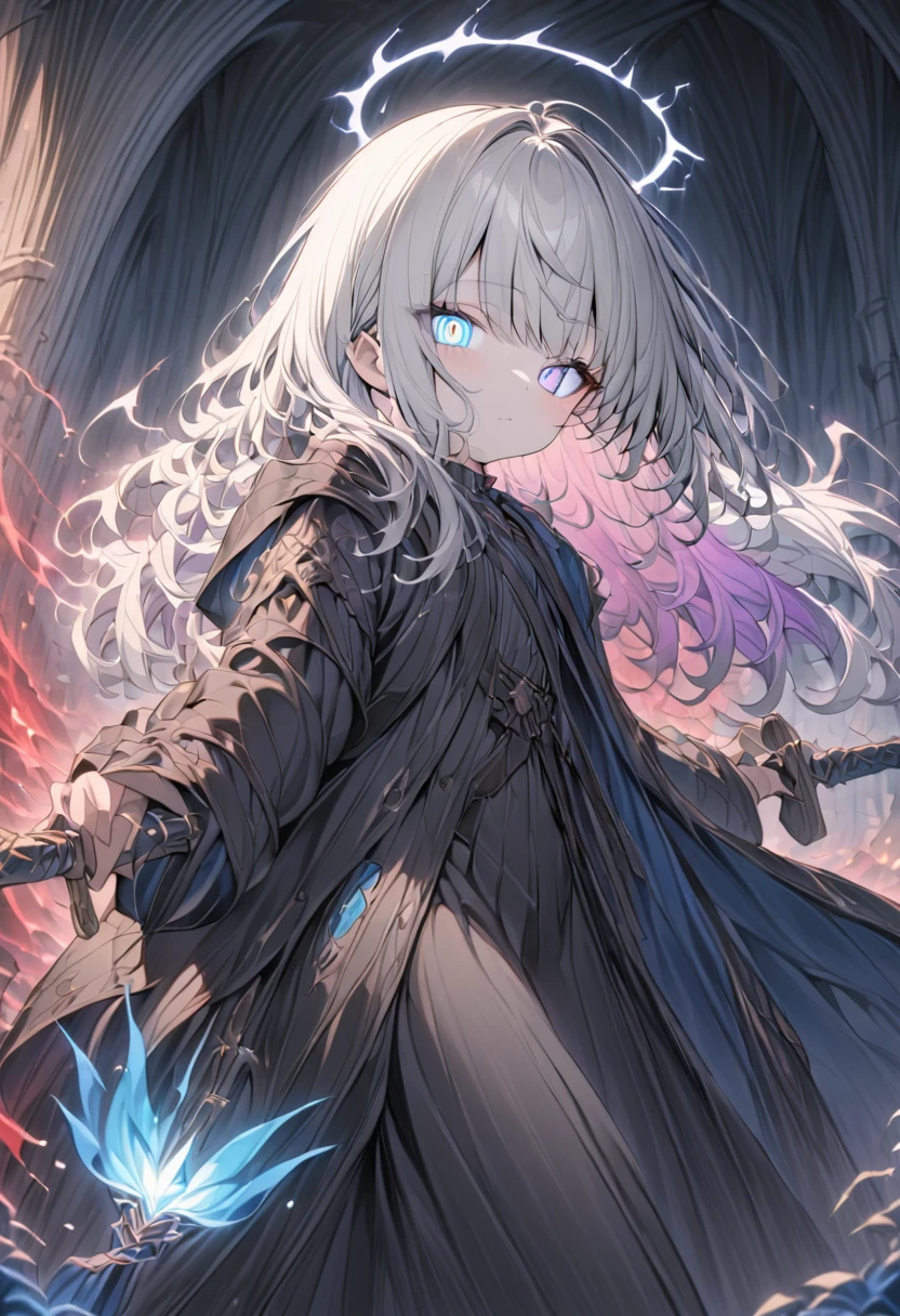 elementary, Shadow Surrounding Girl, lightning, Green Aura, Red aura, Purple aura, Flames surrounding the girl, masterpiece, Dark Theme, Highest quality, Maximum details, Very fine eye, Professional coloring, cinematic lightning, Remaining, Written boundary depth, Backlight, One Girl, Young girl, Silver Hair, Long Hair, Black glowing halo, Shining blue sea, Blue Flame, Fantasy style costumes, Black long coat, shirt, Black trousers, Swinging a thin black long sword, Expressionless, Purple left eye and blue right eye, Odd Eye, Glowing Eyes