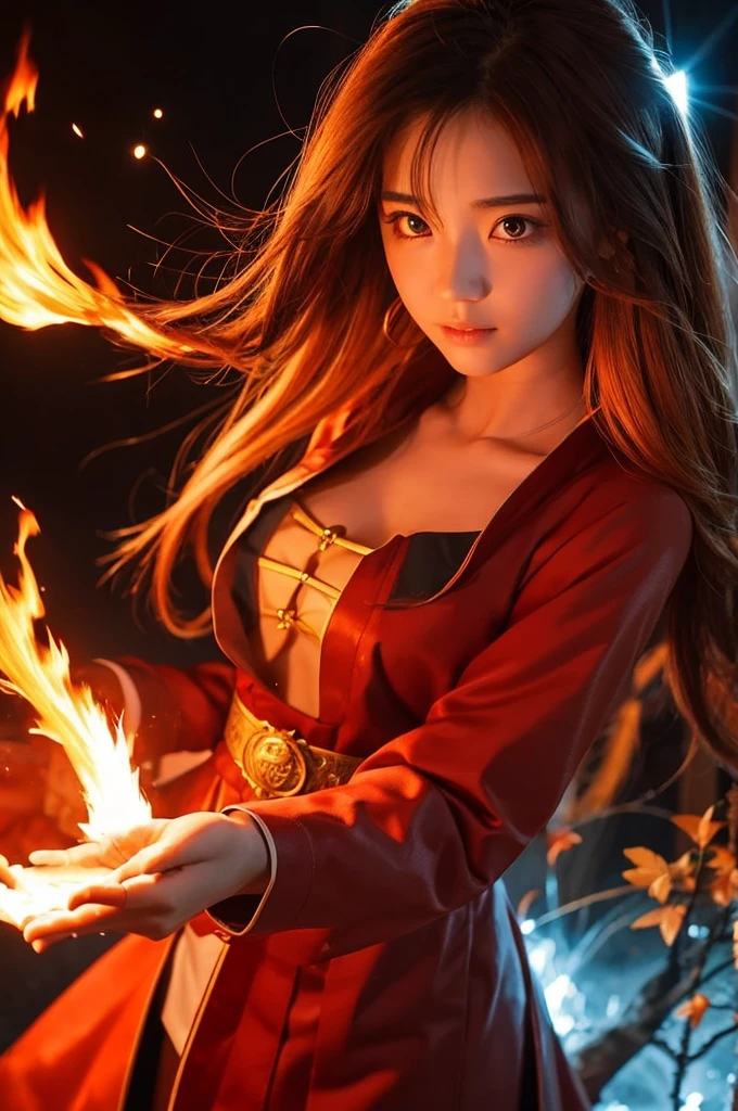 Wizard。20-year-old women。A magician who controls fire。anime。Upper Body。Fireball。