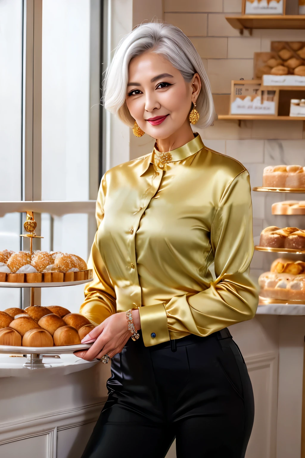 Gold satin collared shirt 75 years old mom milf Korean, Lady large earring Big choker navel piercing decoration A bracelet Silver Hair realisitic Gorgeous Madame Beautiful Mature Woman sexly Smile Gentle woman navel piercing 4K High quality bakery Bakery Shop sandwich breakfast belt
