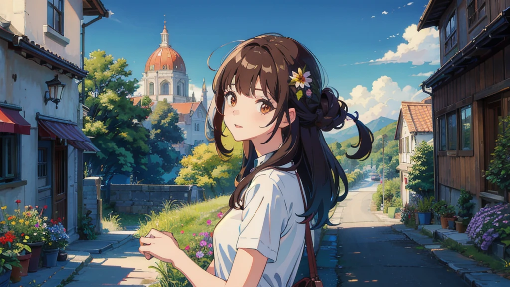 masterpiece,Highest quality,One Girl,The hair color is brown, brown eyes, Kind eyes，Gradient Hair,countryside,Cityscape,night,Flowers and plants,blue sky,scenery,afternoon,Light Perception,Soft night,