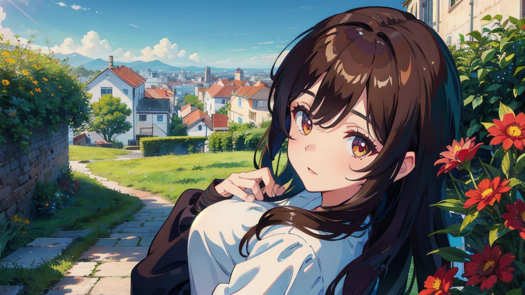 masterpiece,Highest quality,One Girl,The hair color is brown, brown eyes, Kind eyes,Gradient Hair,countryside,Cityscape,night,Flowers and plants,blue sky,scenery,afternoon,Light Perception,Soft night,