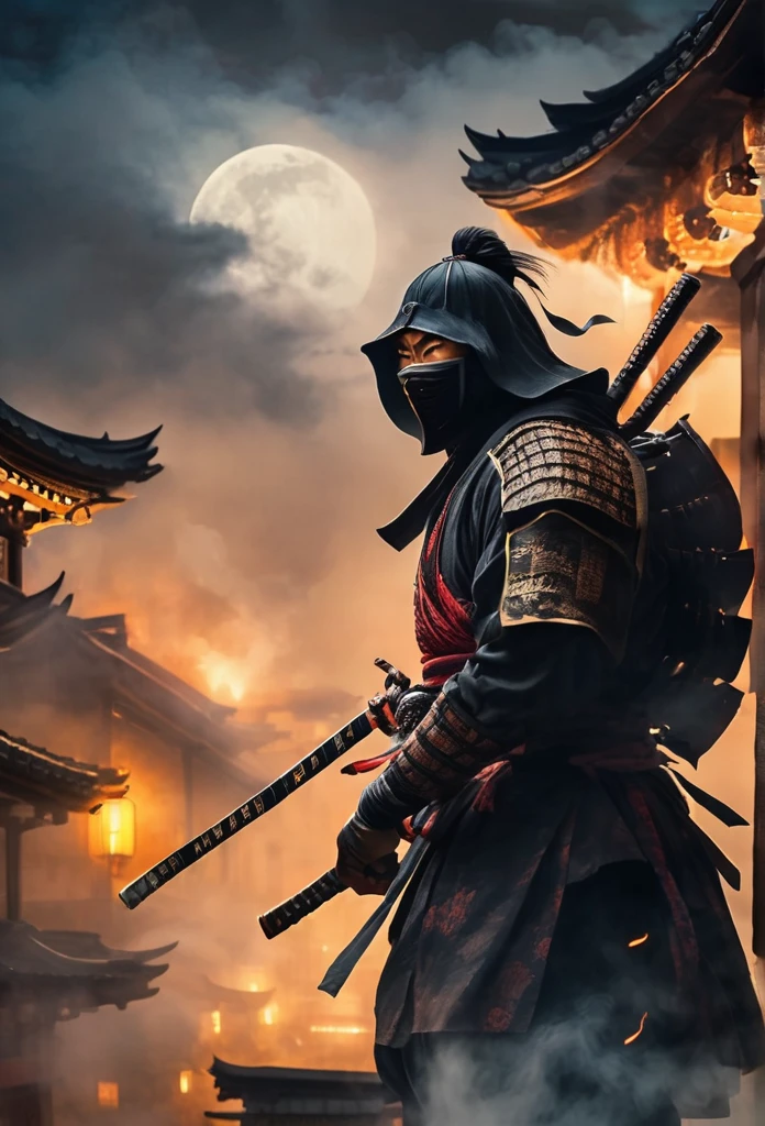 A Japanese ancient ninja ronin with magnificent mask in portrait, he is in a rooftop at night waiting to strike his enemies, intense stare, ominus looking, the atmosphere is heavy and tense. It's very detailed and in the atmosphere of the old quarter of the time, background with fire and smoke and fog, BEST quality, masterpiece,extreme intrincate detail and textures, dark clouds , fullmoon,