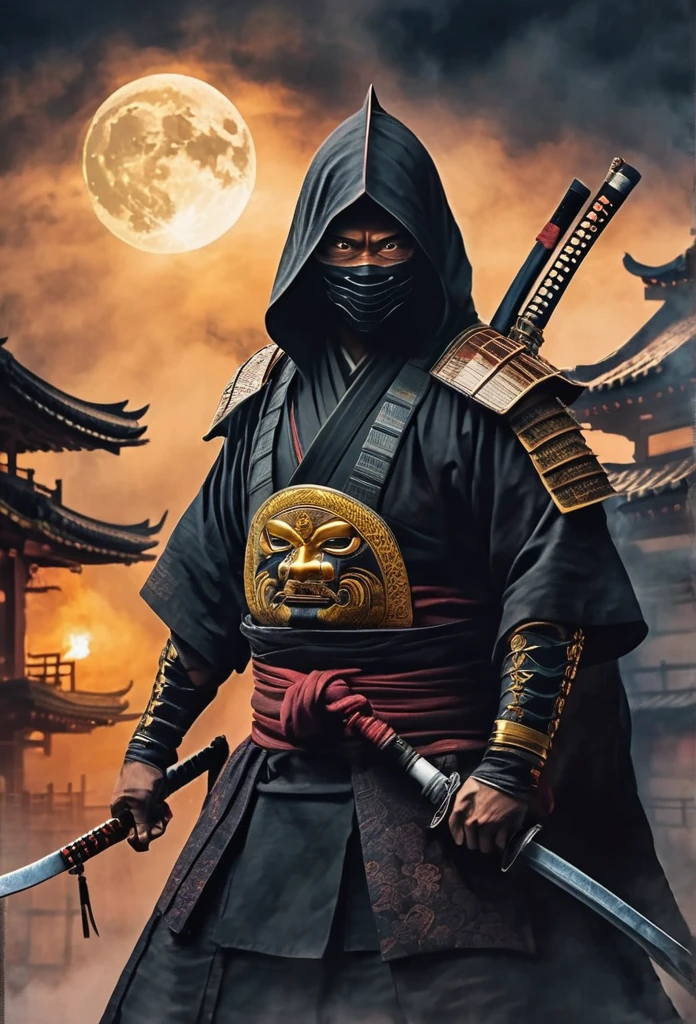 A Japanese ancient ninja ronin with magnificent mask in portrait, he is in a rooftop at night waiting to strike his enemies, intense stare, ominus looking, the atmosphere is heavy and tense. It's very detailed and in the atmosphere of the old quarter of the time, background with fire and smoke and fog, BEST quality, masterpiece,extreme intrincate detail and textures, dark clouds , fullmoon,
