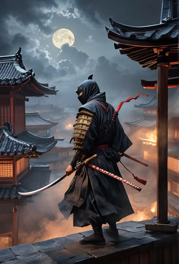 A Japanese ancient ninja ronin with magnificent mask in portrait, he is in a rooftop at night waiting to strike his enemies, intense stare, ominus looking, the atmosphere is heavy and tense. It's very detailed and in the atmosphere of the old quarter of the time, background with fire and smoke and fog, BEST quality, masterpiece,extreme intrincate detail and textures, dark clouds , fullmoon,
