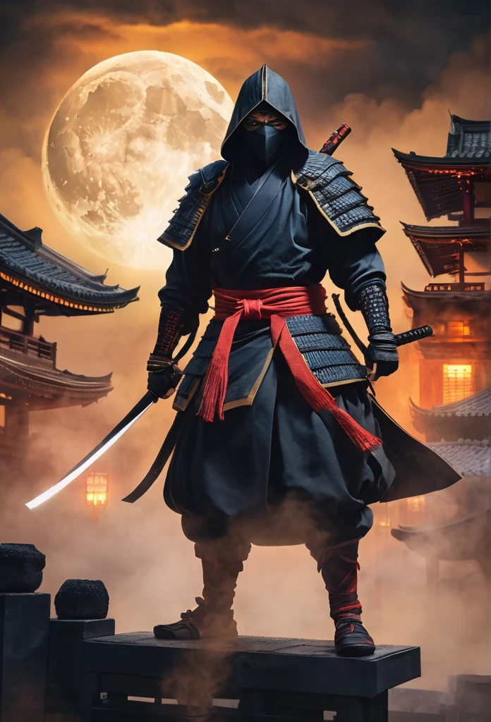 A Japanese ancient ninja ronin with magnificent mask in portrait, he is in a rooftop at night waiting to strike his enemies, intense stare, ominus looking, the atmosphere is heavy and tense. It's very detailed and in the atmosphere of the old quarter of the time, background with fire and smoke and fog, BEST quality, masterpiece,extreme intrincate detail and textures, dark clouds , fullmoon,