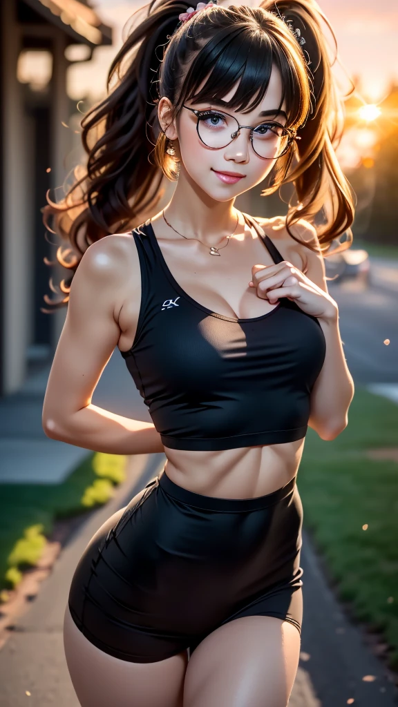 non, {1girl, beautiful girl, young girl, cute, smile, kawaii, lovely, playful expression}, {beautiful detailed hair, black hair, very-long ponytail, white ribbon, hair clip}, {beautiful detailed eyes, jewel-like eyes, brown eyes, (tareme)+, parted lips, pink lips, half-rimless glasses}, {beautiful detailed skin, ladylike style, narrow body, slim, slender body, narrow waist, small breasts, , beautiful legs}, ((hidden hands)), {dark-blue lined gym clothes, dark-blue bloomers}, outdoor, school, ground, school-building in the background, summer, daytime, sunshine, dynamic angle, dynamic pose, gravure pose, sexy pose, upper body, from front, (from below)++, POV, looking at viewer, looking down, {{{{masterpiece}}}}, {{{ultra detailed, top quality, best quality, highres, cinematic lighting, twinkle, glitter, lens flare, light particles, shining, unreal engine}}}, {{bright colors, stylized,4K resolution, an extremely detailed and delicate, parfect anatomy, detailed shadow shape, amazing fine details, anime style3}}, {snowflakesdetailed cute anime face, an extremely cute and beautiful girl, highly detailed beautiful face and eyes}, {perfect body, beautiful face, detailed hands, detailed fingers, (thick outline, black outline), anime screencap:1.4, hd, game cg}, {original, world masterpiece theater, super fine illustration, fine luminescence, award-winning art, very fine 8K CG wallpaper}.