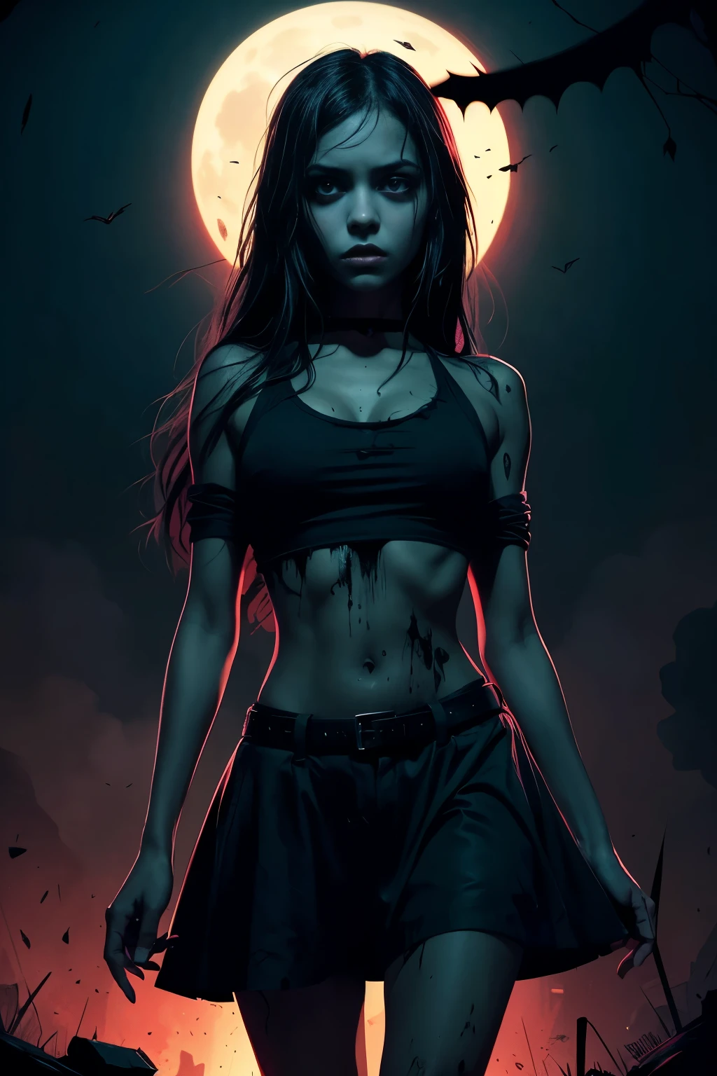 Illustration, Vibrant color palette, Dynamic linework, Exaggerated expressions, Detailed shading: A dark, mysterious Dark beautiful little latin girl with cute legs from horror movies with zombies with dramatic expressions, a grim atmospheric setting, and a striking color palette.