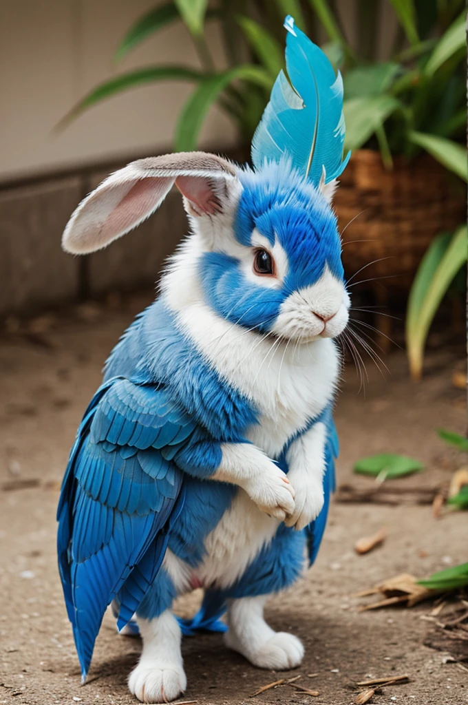 Bunny holding a blue feather