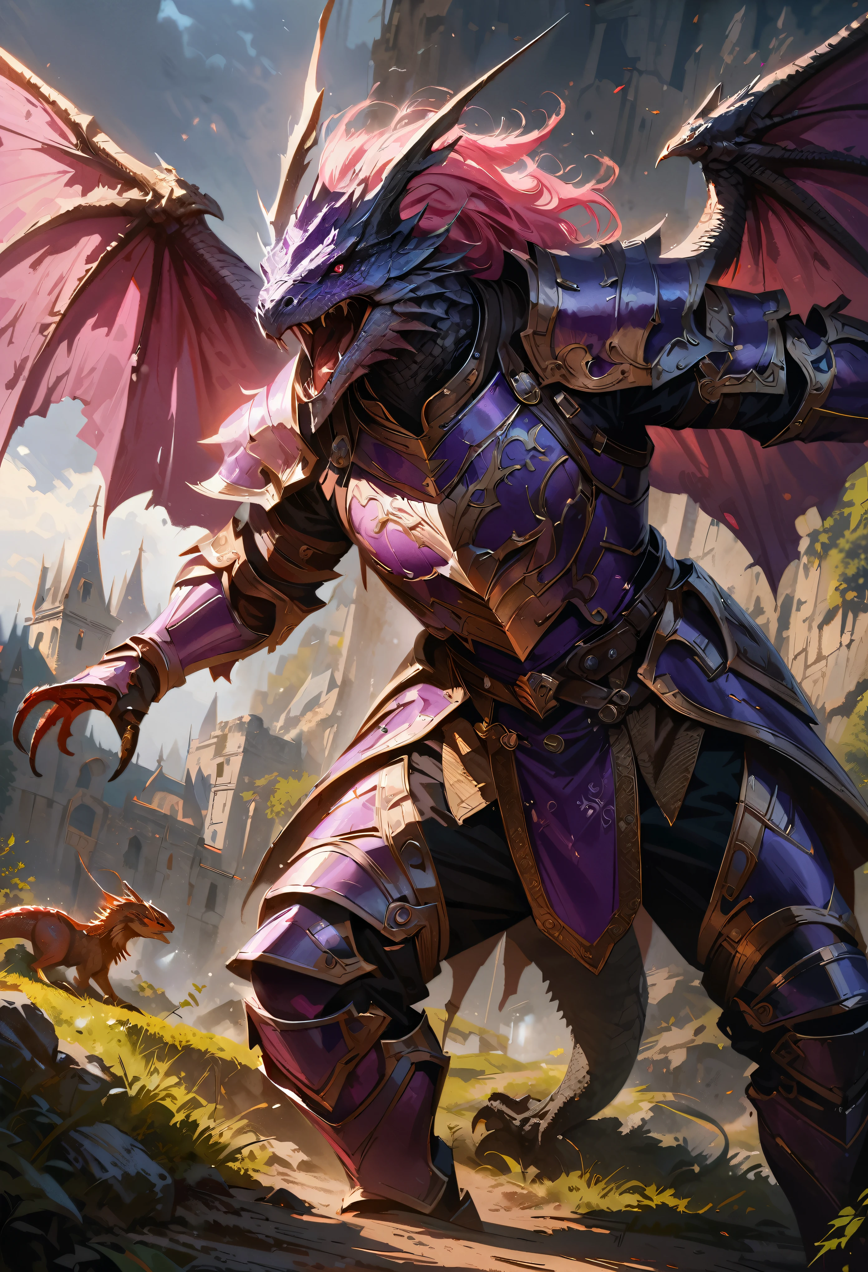 DnD character art, dragon lizard, wings, purple color, armor, fantasy, intricate details, highly detailed, digital painting, cinematic lighting, epic fantasy, ornate armor, medieval, dramatic pose, fierce expression, powerful, majestic, dynamic, (best quality,4k,8k,highres,masterpiece:1.2),ultra-detailed,(realistic,photorealistic,photo-realistic:1.37)