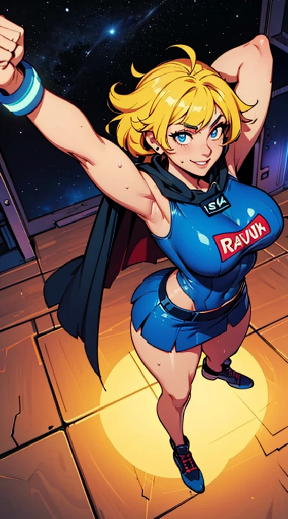 Fist, Digital painting of a woman with royal blue and yellow hair, super hero, muscle girl, pose, fist up, ((from above)), 1knee up, Behance Contest Winner, Afrofuturism, Synthwave, neon, glowing neon, sagging massive breasts, mini skirt, cape, sweat, glossy silky skin, smile, in space,
