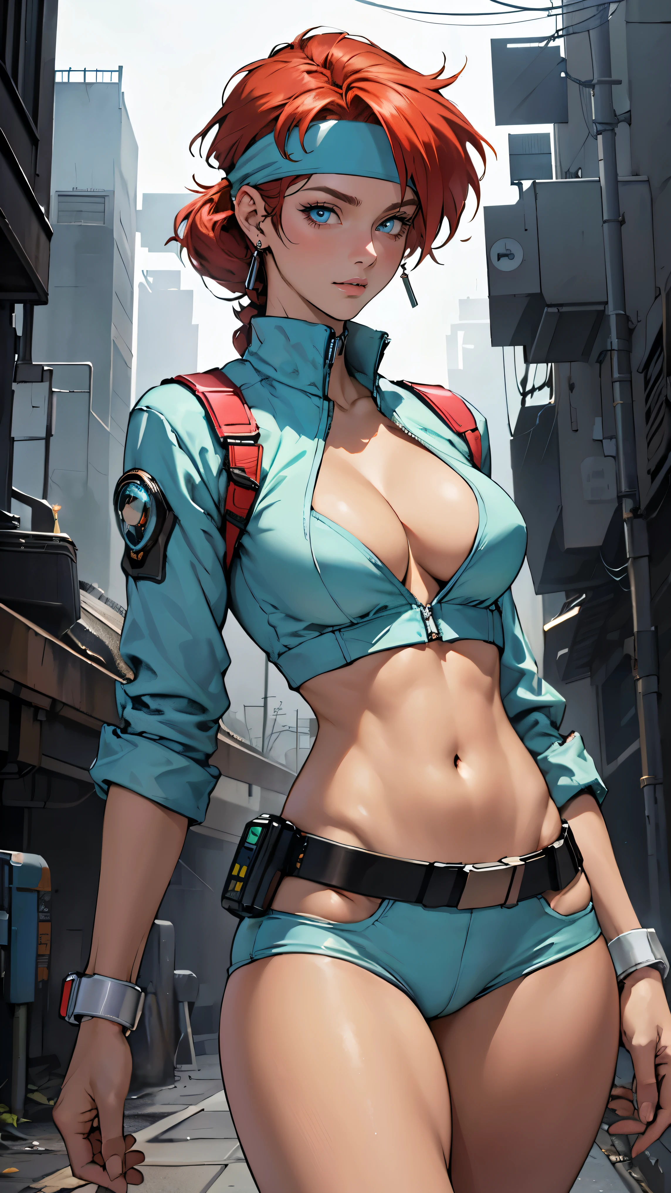 ((Masterpiece, highest quality; 1.3)), super quality, beautiful detail, super detailed, extra fine, 16K, exquisite, absurd, high resolution, beautiful background, detailed background, beautiful eyes, beautiful skin, anime style, Kay from Dirty Pair in a white outfit, tight outfit, cleavage, bushy redhead beauty, very light blue uniform, wearing tight clothes, skimpy, (mid chest: 1.2), cleavage, cleavage, slim waist , thin waist, slim thighs, thin legs, slim legs. thigh gap, showing stomach, skinny, thin hips, cyberpunk city background, holding retro space gun , headband, 