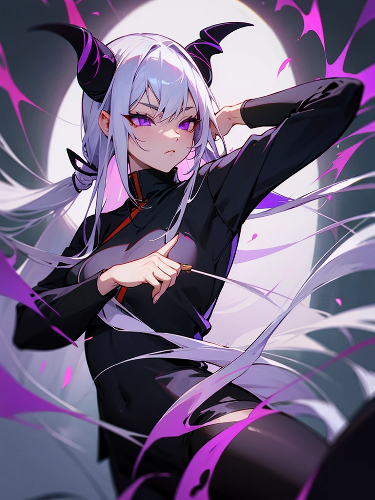 Yin Yang Black ninja costume Long silver hair Demon horns Purple eyes