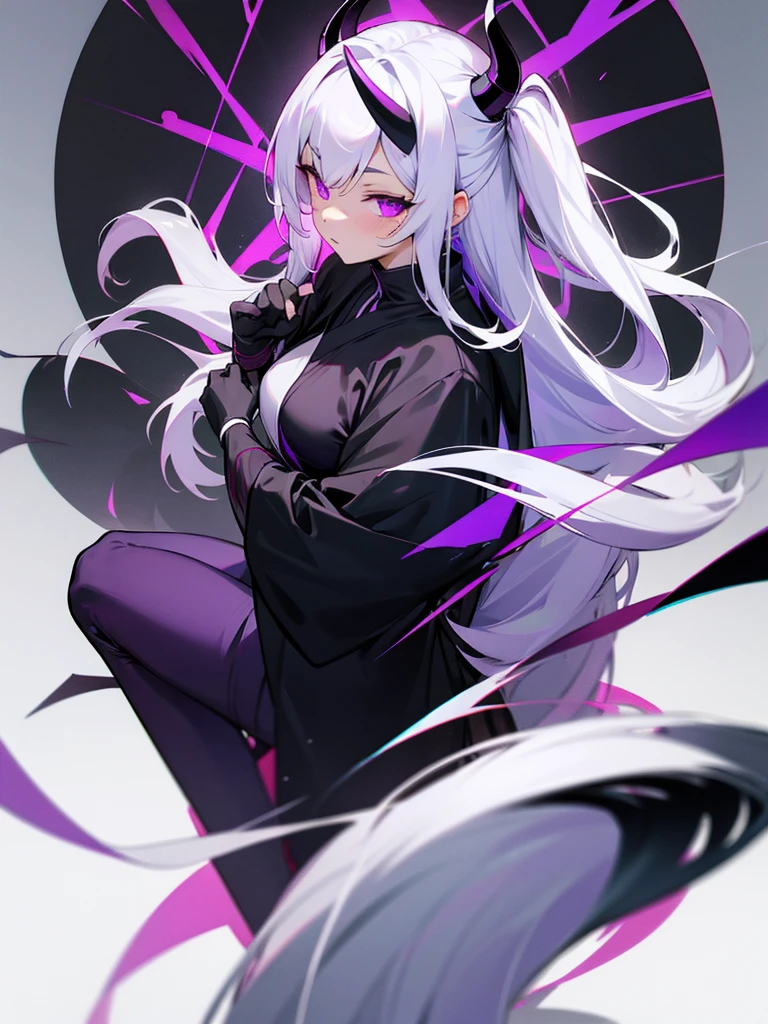 Yin Yang Black ninja costume Long silver hair Demon horns Purple eyes