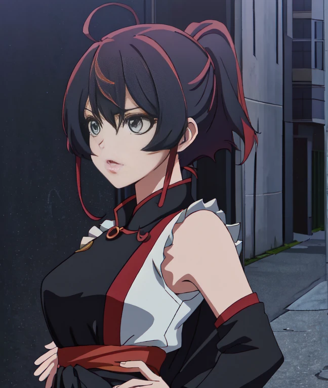 (perfect composition), (high resolution, masterpiece, ultra best quality, ultra HD, 4k,HD, high detailed ),anime character Sukeban delinquent girl standing on a city street corner in black seifuku with black very long skirt, anime style. 8k, anime style mixed with fujifilm, retro anime girl, anime styled digital art, in tokyo, anime style illustration, anime style 4 k, anime style artwork, anime poster film still portrait, tokyo anime scene, modern anime style, anime style digital art, short hair, 26year old, red converse,