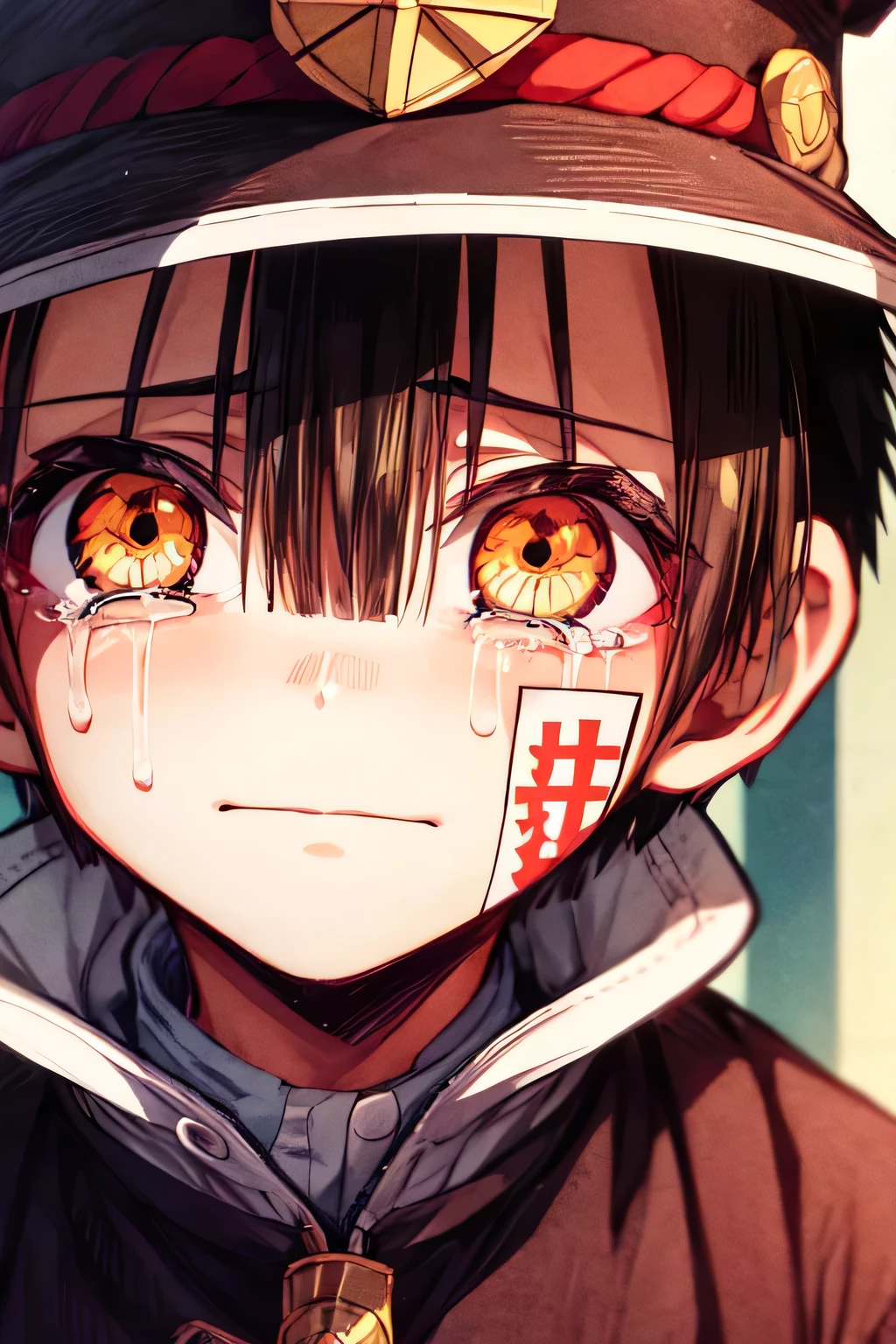 boy, solo, male focus, looking at viewer, crying, tears in his eyes, hanako-kun, black hair, yellow eyes, blushing