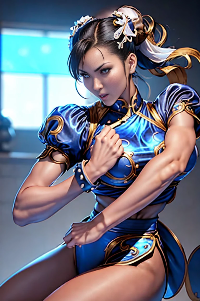 Arafe woman chun-li solo with ponytail hair、Fighting Game Fighter、Fitness Model、Big breasts about to burst、No exposed skin、thin and long legs,、Fitness Body Shape、Pose ready to fight、battle look, close up 