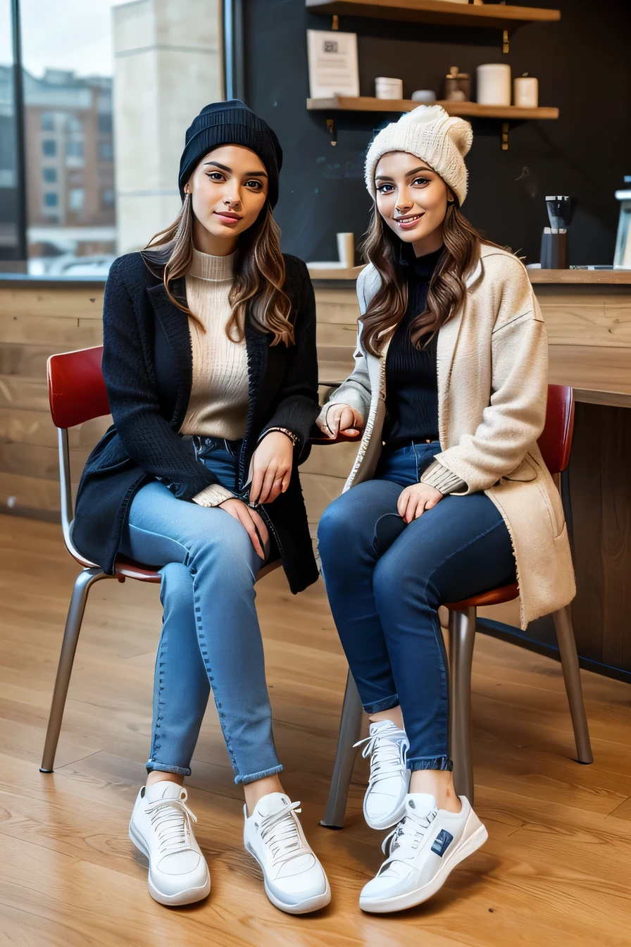 high quality,16K:1.1),(, Two women sitting on chairs in a coffee shop)sit facing each other across a desk、We are chatting、Full Body Shot:1.2),(),blonde、ear piercing、smile、Beautiful teeth alignment、((coat、sweater、Knitted hat、Skinny jeans、、sneakers)), ,(View your audience:1.3),Coffee shop in the background