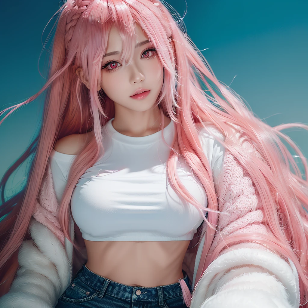 Young woman, pink eyes, long braided pink hair, pink, lots of pink, white cropped t-shirt, exposed midriff, pink jeans, bubble gum, cotton candy, pink sky, pink moon, all is pink, beautifully lit, stunning environment, insanely detailed