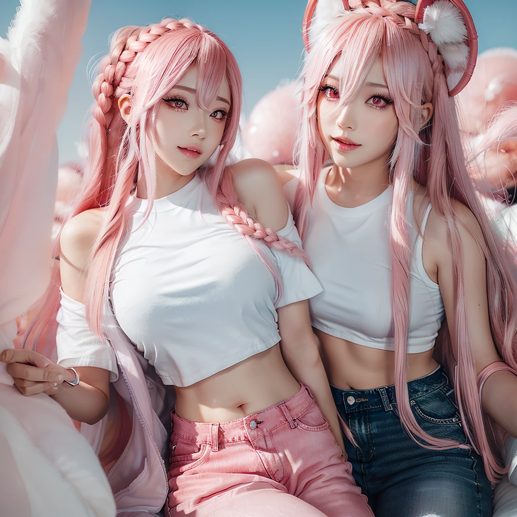 Young woman, pink eyes, long braided pink hair, pink, lots of pink, white cropped t-shirt, exposed midriff, pink jeans, bubble gum, cotton candy, pink sky, pink moon, all is pink, beautifully lit, stunning environment, insanely detailed