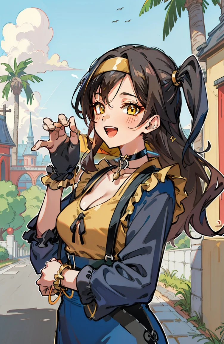 (masterpiece:1.2), (high quality:1.2), (hui xiyi:0.75), rekkyo sensen, rekkyou sensen, solo focus, girls with((black hair, (tits cleavage:1.15), (waving is hands:1.2), (breasts close up:1.15), (suspenders:1.2), (dress:0.65), (blue clothes:1.05), (ribbon belt:0.7), (frills shirt:1.2), (frills camisole:1.2), exposed breasts, straps, (furry jacket, rosary choker, golden rosary:1.1), (cross:1.05), upper body, (long wavy hair:1.2), (one side up:1.2), nun, long sleeves, (perfect hands:1.05), (five fingers:1.05))), background with ((architecture, blue sky, building, bush, castle, village, cityscape, cloud, cloudy sky, day, fence, field, garden, grass, ground vehicle, hill, house, lamppost, landscape, mountain, mountainous horizon, nature, no humans, outdoors, palm tree, park, path, pavement, plant, road, rock, scenery, shrine, sky, skyline, skyscraper, street, tower, tree, tree shade, wall)), cowboy shot, anime, anime style