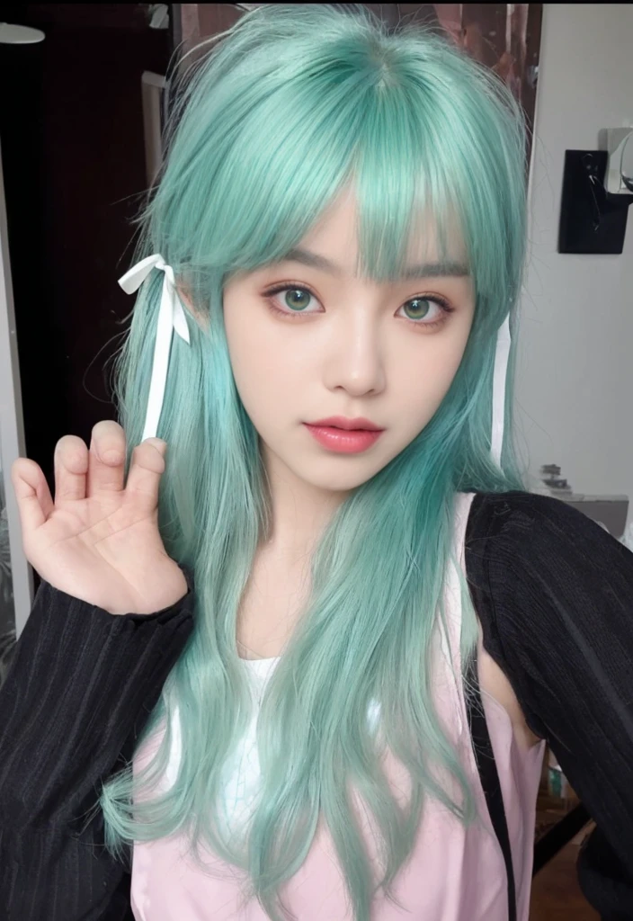 8K high quality，1 woman，Turquoise green hair：1.5