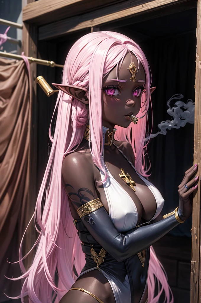 (solo:2, dark skin 1000 yo cool elf woman, Dreadlocks:1.4 pink hair long hair, y silver eyes, smoking Cigarette in mouth, glossy lips, serious face, blushing), (in a detailed sexross string swimsuit), break, in the castle Dressing room, BREAK, perfect anatomy, masterpiece, best quality, 16k, beautiful detailed grow, daydreaming expression.