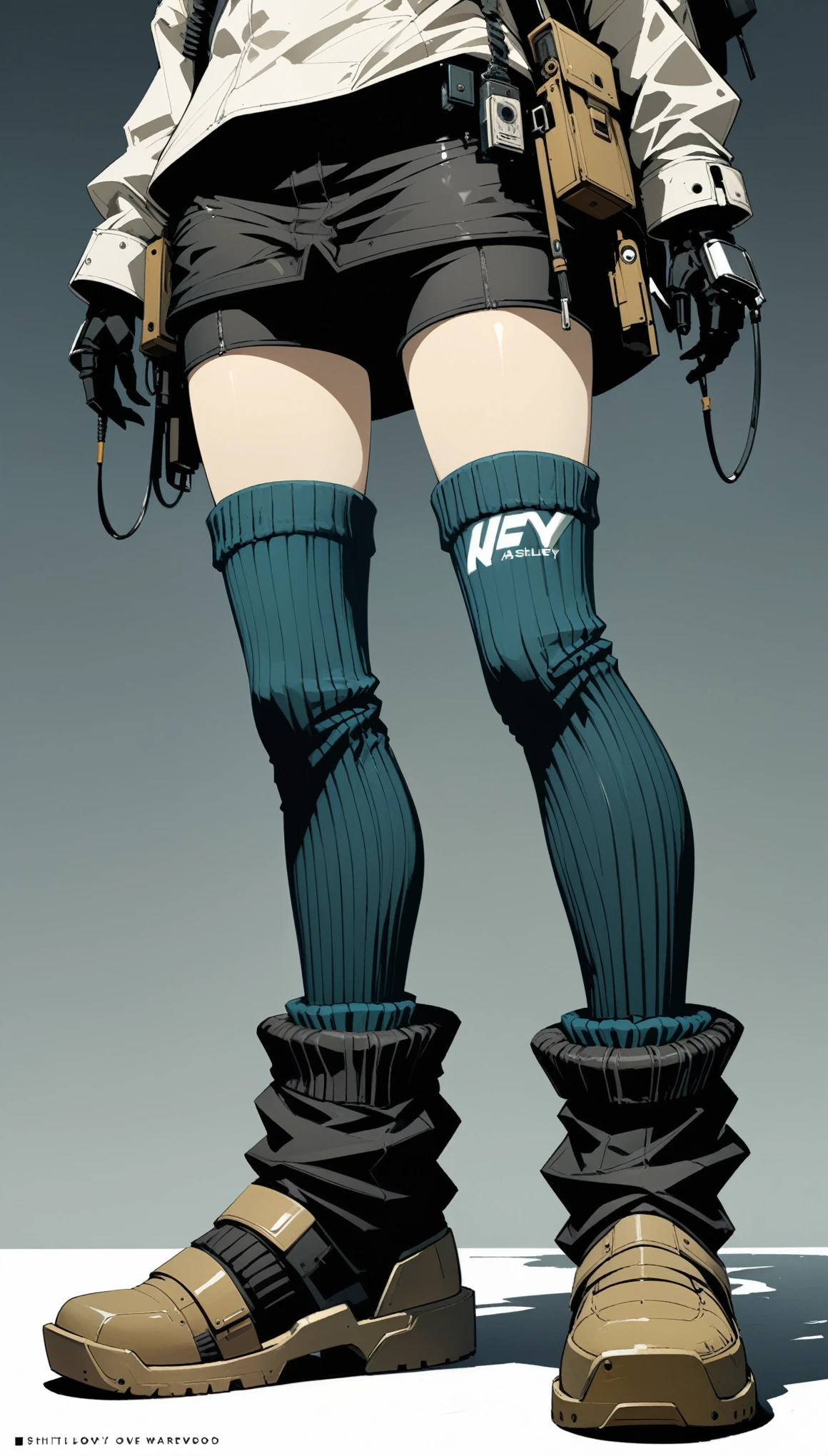 in style of Ashley Wood, character concept design, legs,fullbdoy shot,(((oversize leg warmers))),feet focus,wide angle, form below,