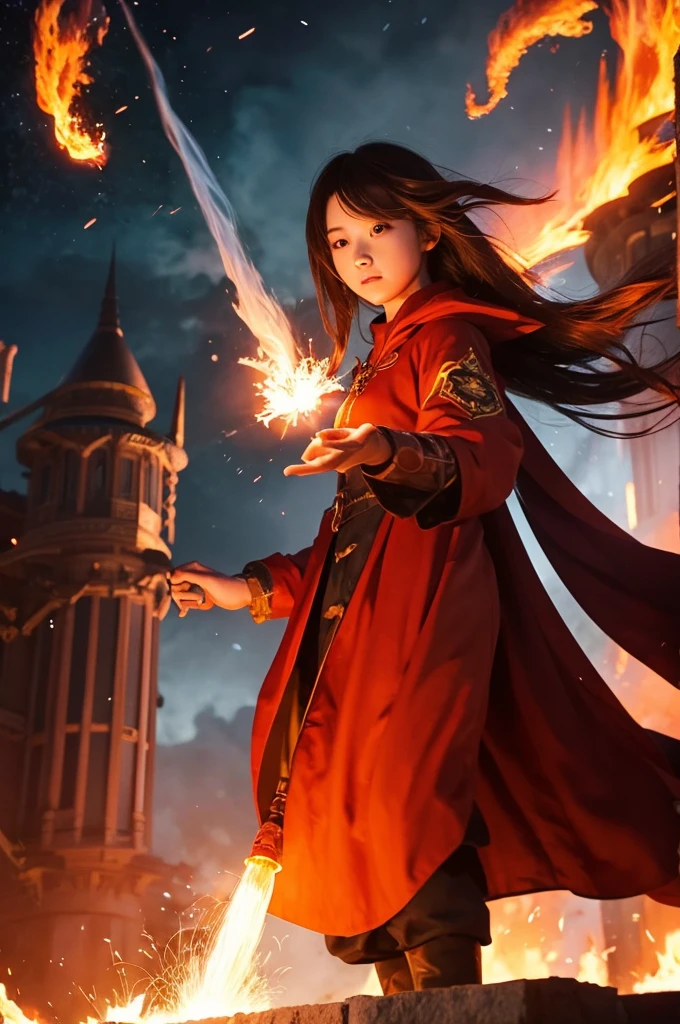 Wizard。Controlling Fire。woman。anime。Fireball launch。