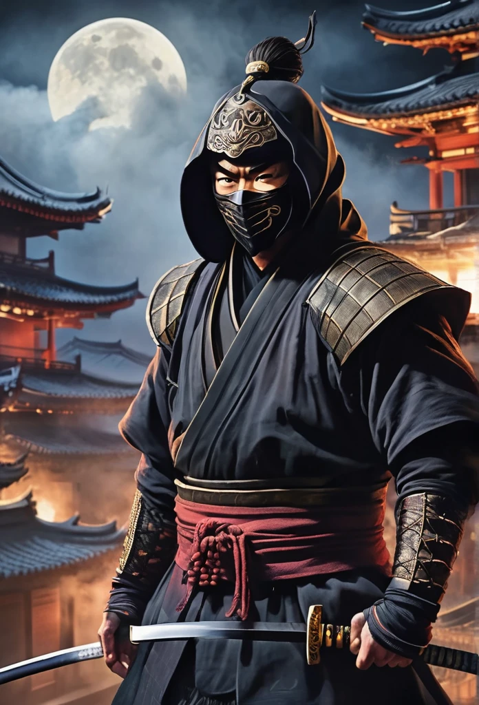 A Japanese ancient ninja ronin with magnificent mask in portrait, he is in a rooftop at night waiting to strike his enemies, intense stare, ominus looking, the atmosphere is heavy and tense. It's very detailed and in the atmosphere of the old quarter of the time, background with fire and smoke and fog, BEST quality, masterpiece,extreme intrincate detail and textures, dark clouds , fullmoon,