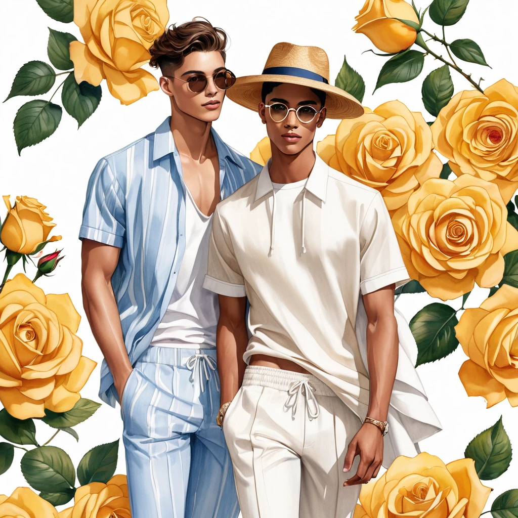 candid fashion illustration of young Mixed race 2man, both aged 18-23 year old, ((showcase fashion look book in linen outfits)), the design inspired by Golden Celebration Rose by David Austin Rose, in elegant chic style. The man wears an oversized short-sleeved shirt with a minimal rose embroidery details, paired with relaxed-fit white Short with Drawstring, He completes his look with white sneakers and round glasses. The boyfriend complements him in a  skinny fitted speedo in a stripe pattern, semi bulge, He resemble includes an accessorizes with a brimmed straw hat and white sneakers, Captured in a low angle, ((full-body image)), ((roses motifs background)), fashion sketching, realistic drawing, ((imperfect water color drawing background)), fashion look book, fashion illustrator, fashion sketch design, gay, gay couple, Golden Celebration Rose, yellow rose.