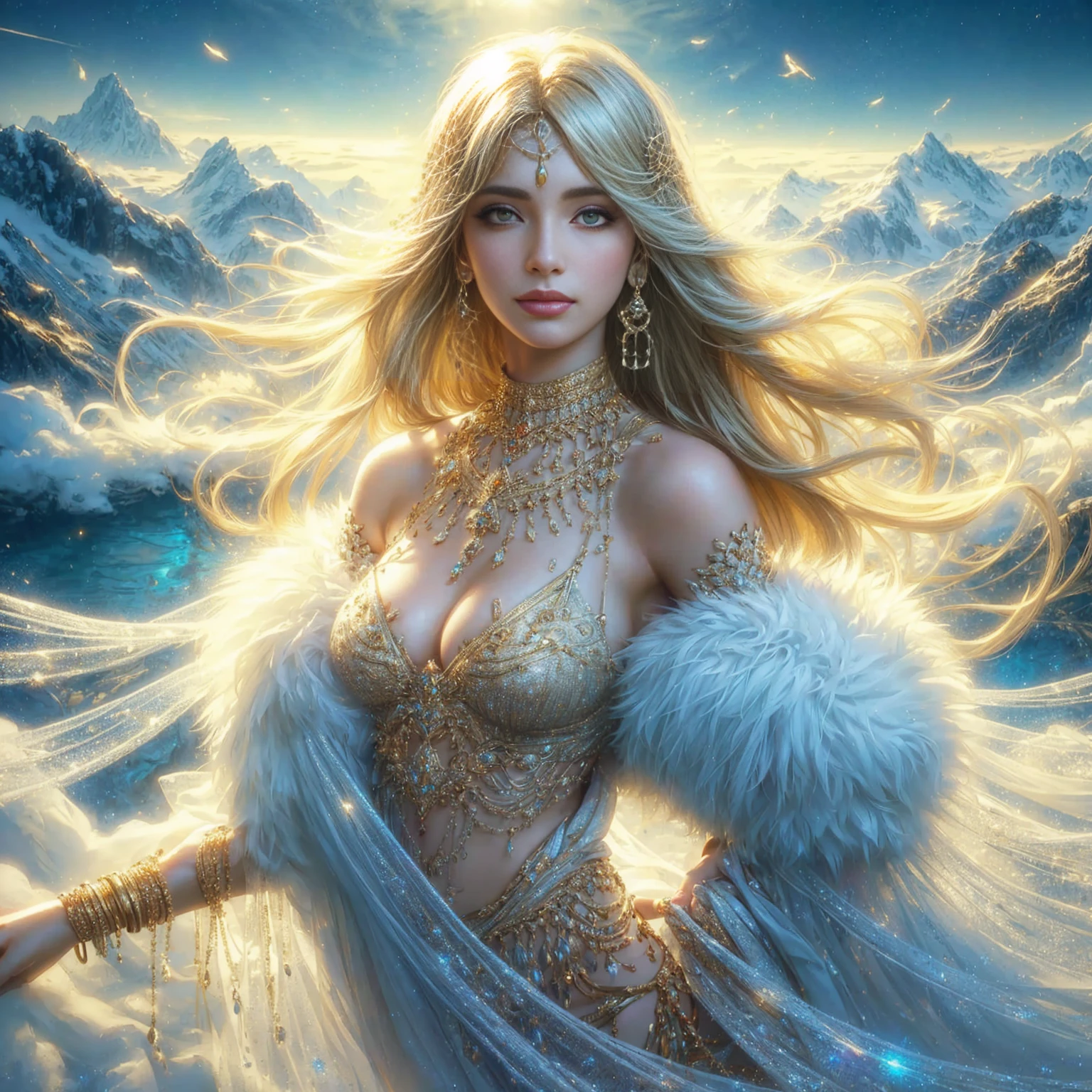 Woman in traditional Indian costume ,See the waist,gold jewelry,with gold necklaces and gems, Argerm julie bell beeple, extremely detailed Argerm, Argerm style, Argerm detailed, Argerm. anime illustration, style of Argerm, Argerm on artstation pixiv, beautiful heavenly mage, Argerm art, in style of Argerm
