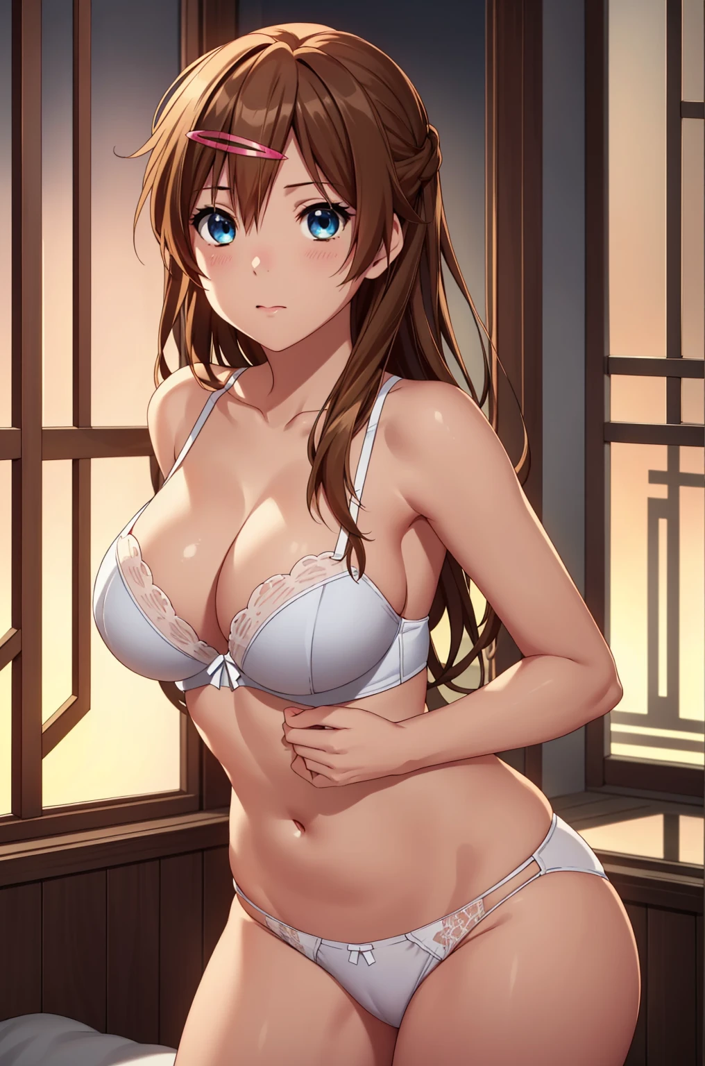 masutepiece,Best Quality,High resolution,Fine details,独奏,Adult Woman,blush,Curve,((Delicate white underwear)),(On a luxury hotel bed),sexy hips、Long Wave Hair、dark brown hair、Stretch the hem of the buttocks with a slouch、Mid-chest、blue eyeasterpiece、Highest quality, High resolution, uhd, Pixel perfect, Depth of written boundary, 4K, RTX, HDR)), 1 Girl, single, alone, 24-years-old, Beautiful Anime Girls, Beautiful art style, anime character, ((Parted bangs, Brown Hair)), (blue eyes、Round eyes, Beautiful eyelashes, Realistic eyes), (Detailed face:1.2), (Smooth texture:0.75, Realistic texture:0.65, Realistic:1.2, Cinematic, Anime CG Style), Perfect body, Best Bust、Bust 85、Perfect Body、nsfw:1.8,Visible from the thighs、Night Background、Beautiful white panties、Bamboo、wind chimes、Put your hands on the window、milky way