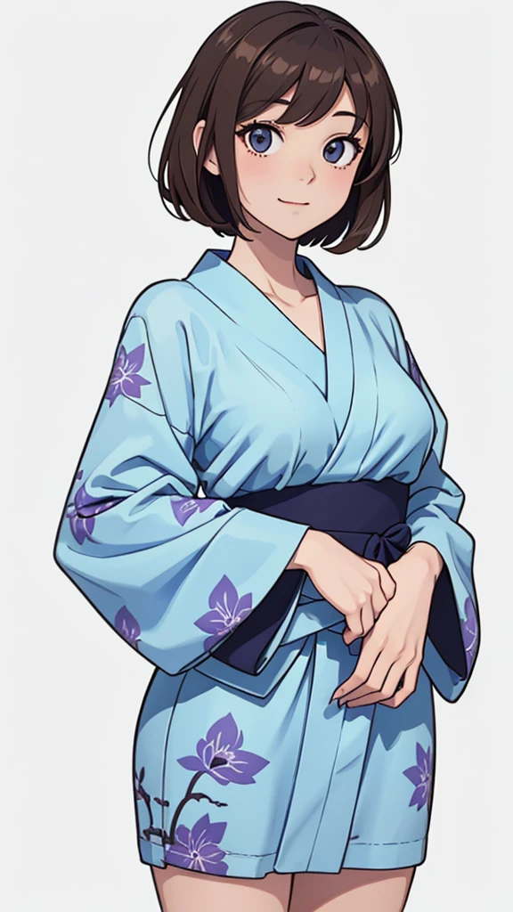 (((masterpiece, best quality, ultra highres, 1 girl, solo, no background))), super detailed skin and face and eyes and finger, beautiful japanese woman, small breasts:1.5, skinny, light brown hair, white background, very short pixie hair, Knee shot, Generate with illustrations, Various expressions, Various poses, Please draw the entire character within the frame, ensuring that the head, arms, and legs are not cut off. The background should be simple, with the character positioned centrally, outline, anime, yukata, laugh, boyish,