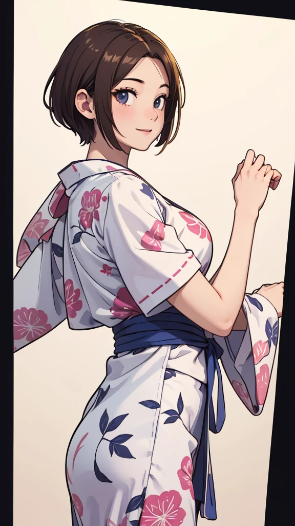 (((masterpiece, best quality, ultra highres, 1 girl, solo, no background))), super detailed skin and face and eyes and finger, beautiful japanese woman, small breasts:1.5, skinny, light brown hair, white background, very short pixie hair, Knee shot, Generate with illustrations, Various expressions, Various poses, Please draw the entire character within the frame, ensuring that the head, arms, and legs are not cut off. The background should be simple, with the character positioned centrally, outline, anime, yukata, laugh, boyish,